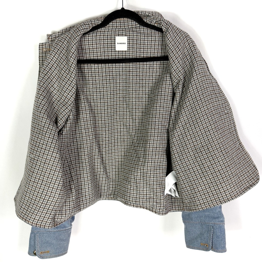 Sandro Jacket Denim Blue Houndstooth Contrast Collar Button Front Sz 42 / 10 US - Picture 11 of 13